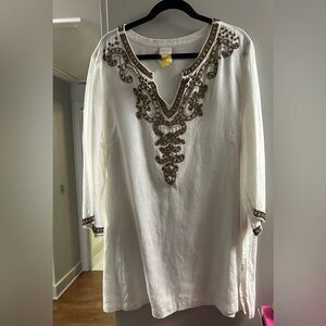 Chico’s linen tunic with gold embellishments